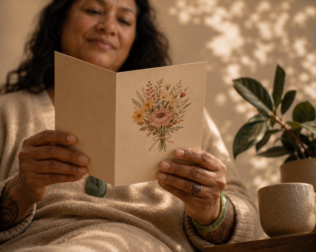 A woman smiling as she reads a printed Held card, illustrated with a pressed wildflower bouquet